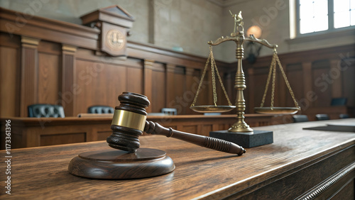 Wooden Gavel and Scales of Justice on Courtroom Table