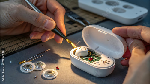 Repairing Wireless Earbuds with Tools on a Workbench Surface