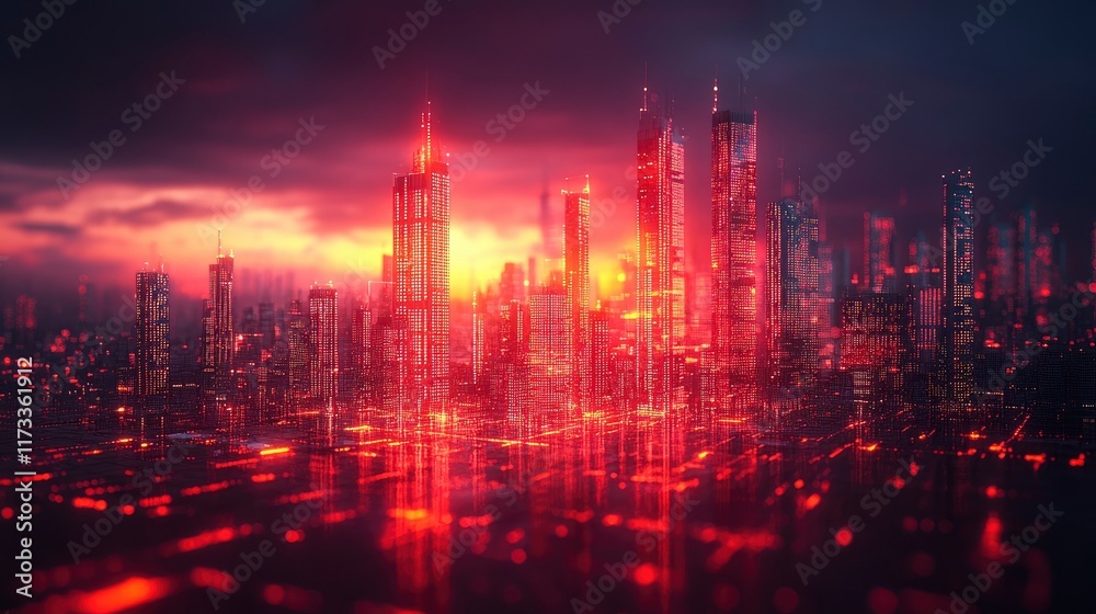 Virtual stock market data forming cityscape silhouette