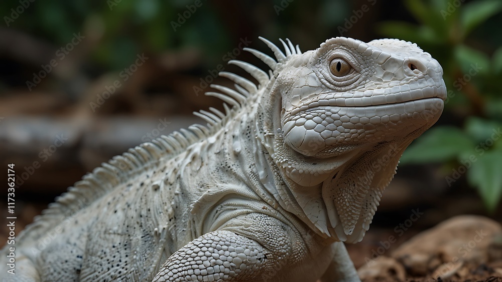 Fototapeta premium close up detailed photo of an albino or white iguana that lives on green tree grassland forest habitat background