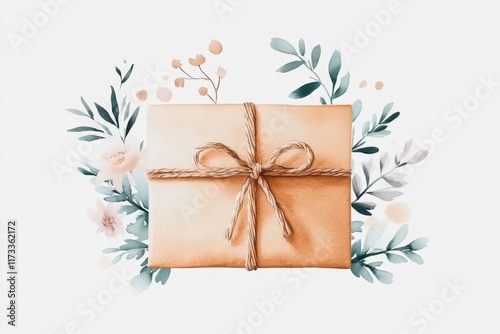 Fototapeta Naklejka Na Ścianę i Meble -  A soft watercolor painting of a kraft paper package tied with a jute bow, surrounded by pastel flowers and greenery