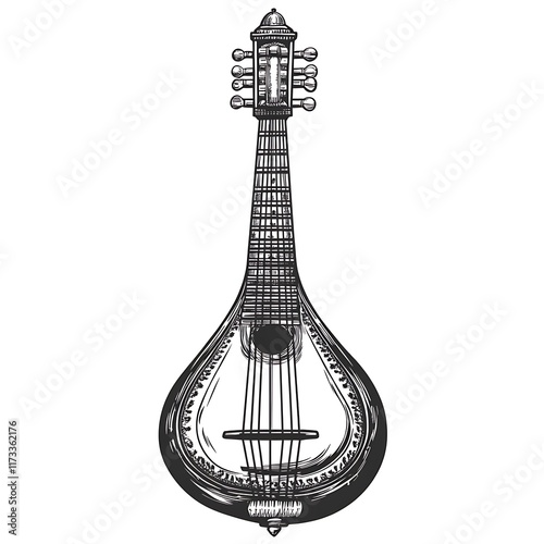 Hand drawn sketch of a stringed musical instrument.