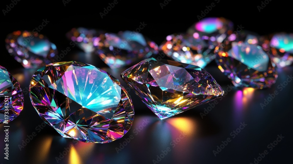 A row of colorful diamonds are displayed on a dark background