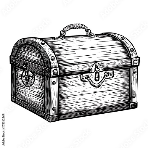 Engraved wooden treasure chest with a handle and latch.