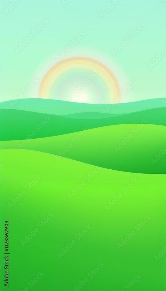 Obraz premium Gentle rolling green hills with a rainbow in the sky during daylight