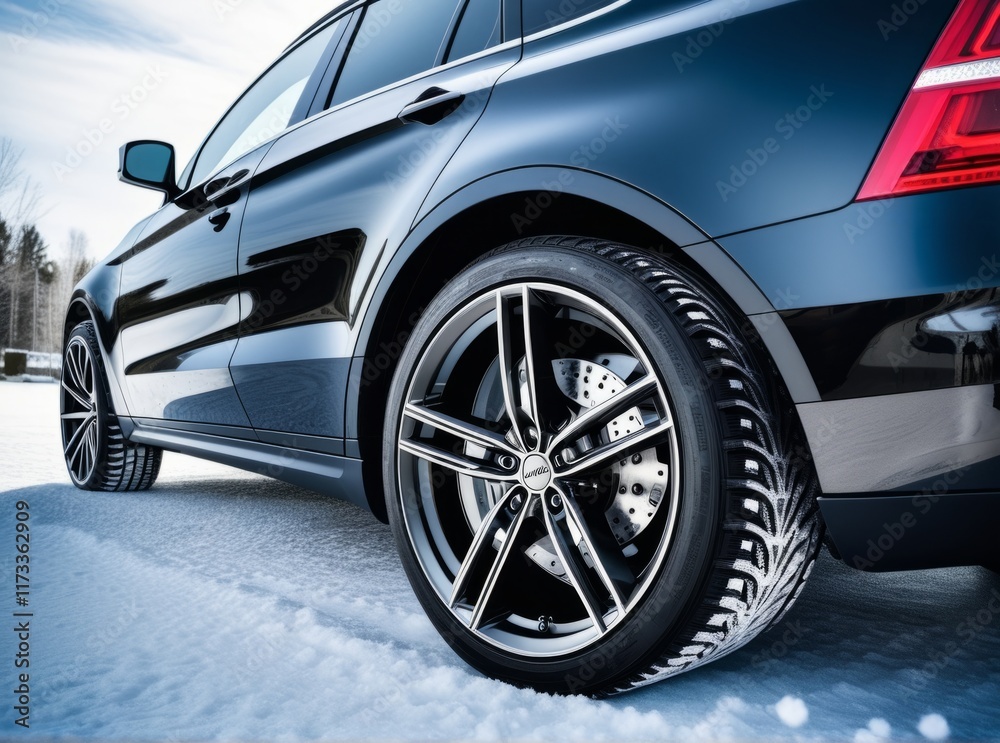 Luxury vehicle parked on snow-covered road showcasing stylish wheels and sporty design during winter season Luxury vehicle parked on snow-covered road showcasing stylish wheels and sporty design during winter season