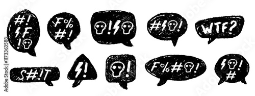 Crayon Speech Bubbles with Abstract Swear Words Vector Set. Chalk Scribble Talking Clouds Collection. Hand Drawn Rude Curse Angry Expressions. Pencil Emphasis Elements Charcoal Doodle Talk Balloons