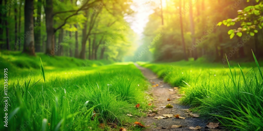 Lush green grass with a few scattered leaves on a dirt road leading to the edge of a forest Lush green grass with a few scattered leaves on a dirt road leading to the edge of a forest