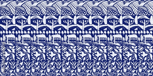 Japanese indigo geometric seamless border. Irregular washed batik hand drawn textile for blue white banner.