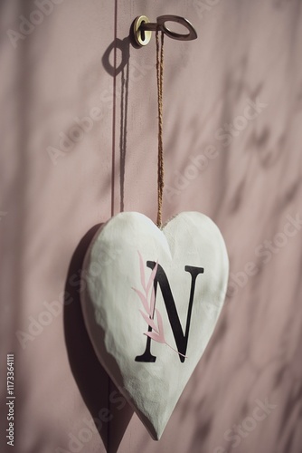 Close-up of a wooden heart with letter N hanging on a door key photo