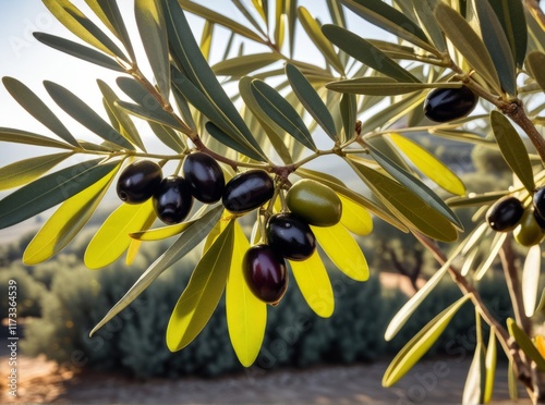 Fresh olives hang from branches in a sunlit orchard during early autumn season