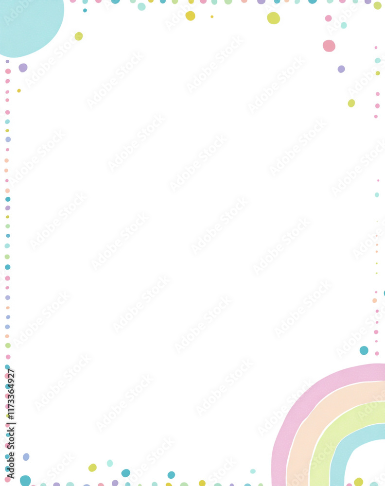 A colorful frame with a teal background, white and pink dots, and rainbows at the top. The center is blank, likely for adding text or images.
A colorful frame with a teal background, white and pink dots, and rainbows at the top. The center is blank, likely for adding text or images.