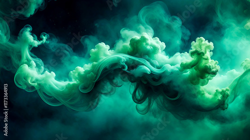 Ethereal green smoke, swirling mist, abstract nebula, cosmic clouds, deep teal background, atmospheric haze, mysterious abyss, dreamlike vapor, underwater atmosphere, surreal fog, wispy tendrils