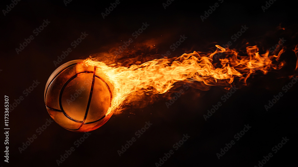 Fototapeta premium Basketball in motion surrounded by flames during a dramatic sports event