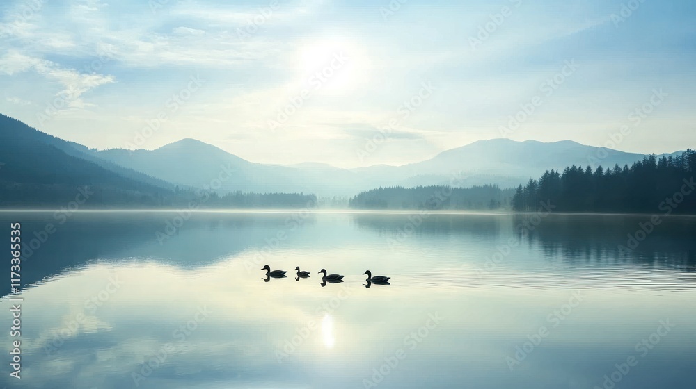 Fototapeta premium Serene lake scene with ducks and mountains under a soft, misty sky.