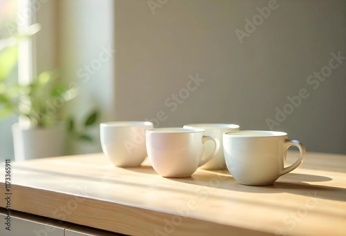 Wallpaper Mural Four Elegant Cups Basking in Morning Sunlight on a Warm Wooden Table Torontodigital.ca