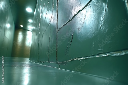 Green textured wall curving corridor.