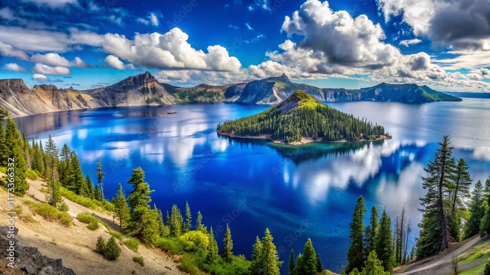 Obraz premium Majestic Crater Lake & Wizard Island View from Cleetwood Cove Trail, Oregon