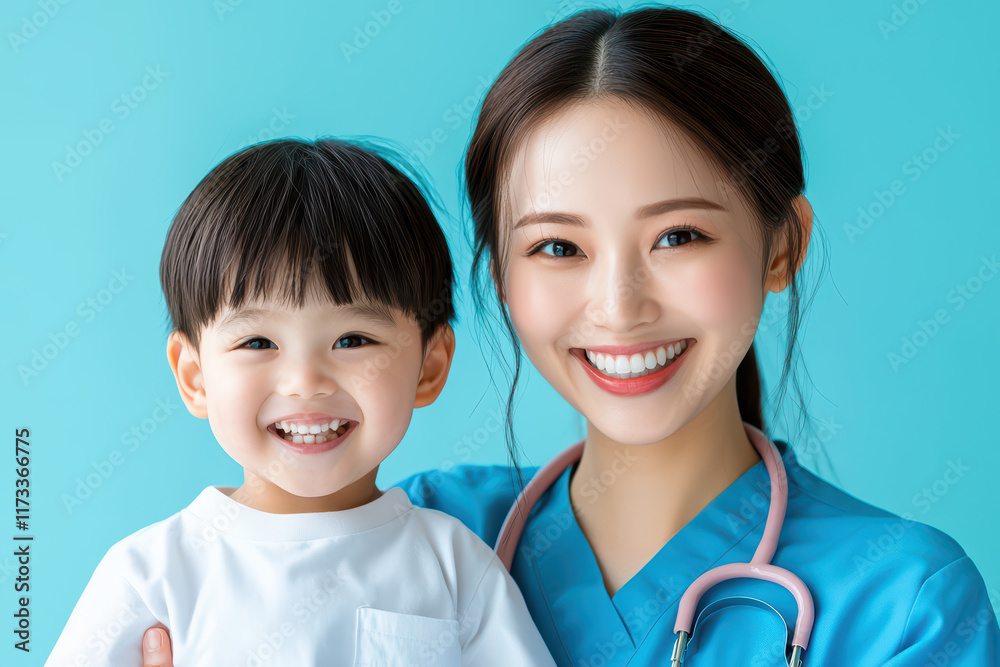 Smiling healthcare professional with child in bright setting Smiling healthcare professional with child in bright setting