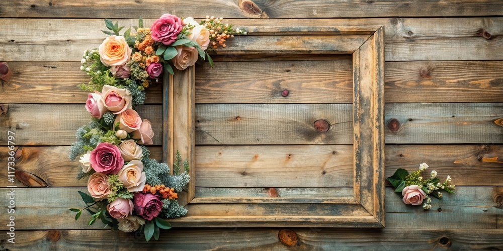 Fototapeta premium Distressed Wooden Frame with Artificial Flowers Wall Background in Vintage Style, bohemian, artificial, bohemian, artificial