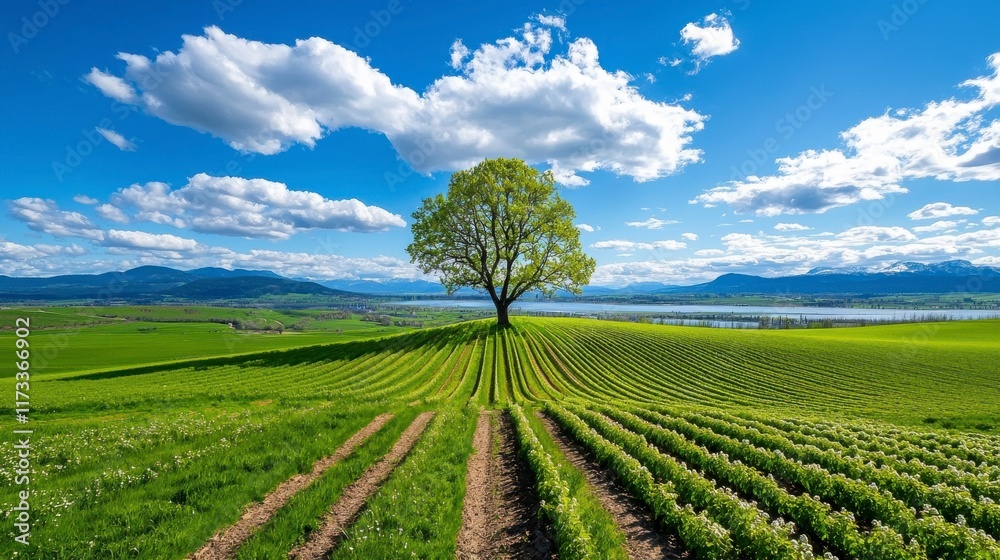 Vibrant Green Landscape with Isolated Tree Under Blue Sky Vibrant Green Landscape with Isolated Tree Under Blue Sky