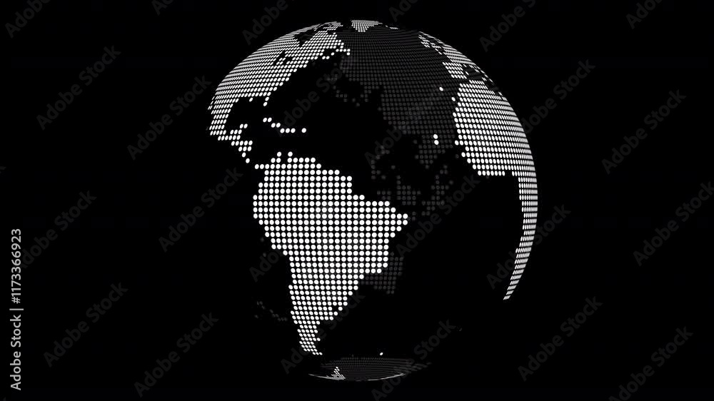 White Dot Pattern Globe World Rotating on Black Background Seamless Loop - Spinning globe made with dotted Circle world map	