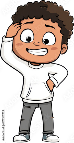cheerful cartoon character scratching their head, wearing hoodie and jeans