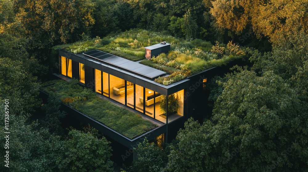 Fototapeta premium A sleek, solar-powered smart home with a living green roof, surrounded by lush greenery