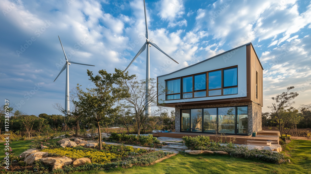 An eco-friendly home with wind turbines on the property and rainwater collection systems visible An eco-friendly home with wind turbines on the property and rainwater collection systems visible