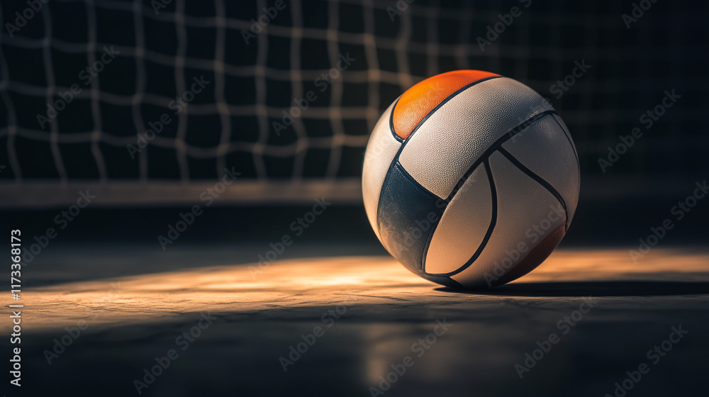 Game ball on the court illuminated by soft light during practice session Game ball on the court illuminated by soft light during practice session