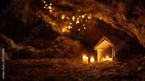 A tranquil, spiritual Christmas scene featuring a rustic manger in a dim cave, bathed in holy light, with soft bokeh creating a peaceful, sacred ambiance photo