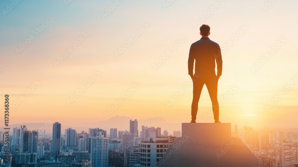 Fototapeta premium A silhouette of a lone entrepreneur standing on a rooftop overlooking a city skyline, gazing at the horizon, conveying ambition, determination, and the pursuit of financial success.