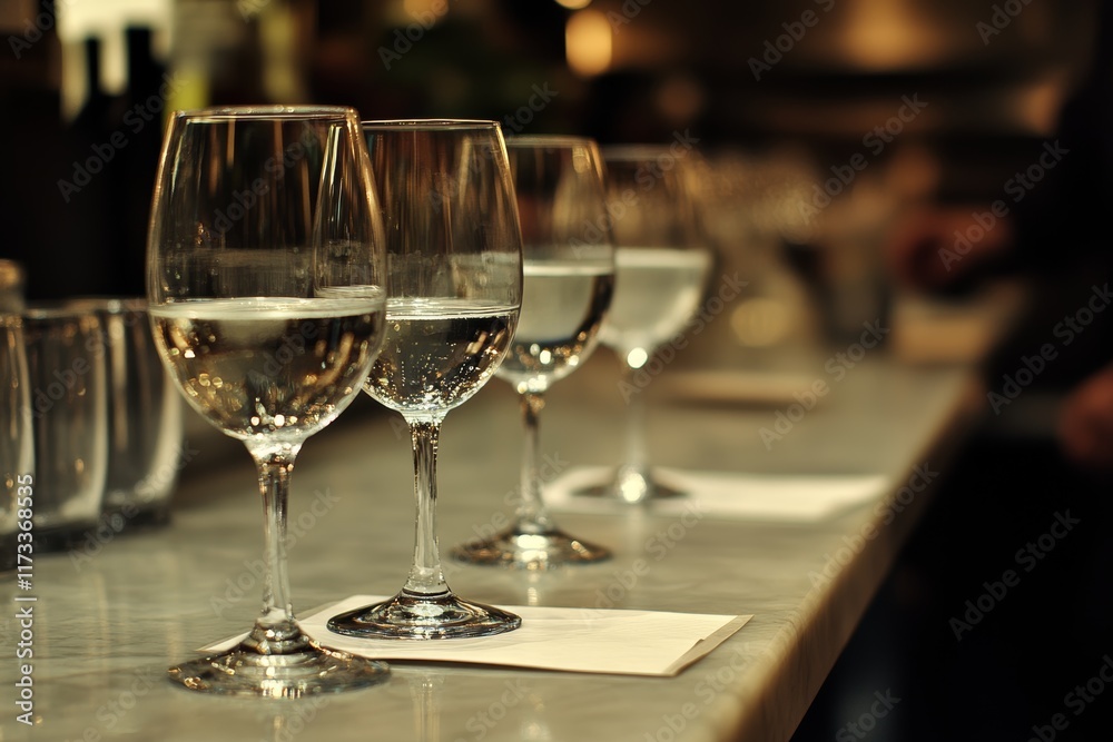 Four elegant glasses filled with water are arranged on a stylish bar counter, reflecting a warm ambiance in a restaurant setting. Perfect for beverage concepts.