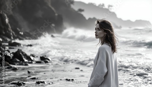 Solitude by the Sea: A Woman Contemplates the Ocean's Majesty