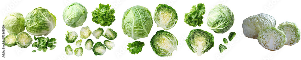 Fototapeta premium Assorted Cabbage Varieties Green Cabbage Savoy Cabbage Brussels Sprouts Whole and Halv
