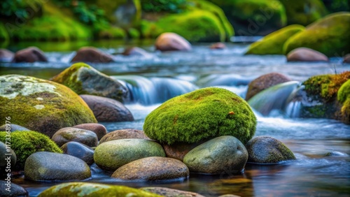 Ancient river rocks surrounded by moss and lichen, worn smooth by time and nature, representing balance in harmony with the environment , peacefulness , stone photo