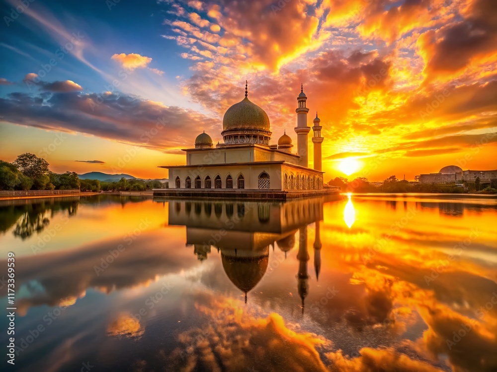 Obraz premium Majestic Golden Mosque Dome Sunrise Reflection - Stunning Night Photography