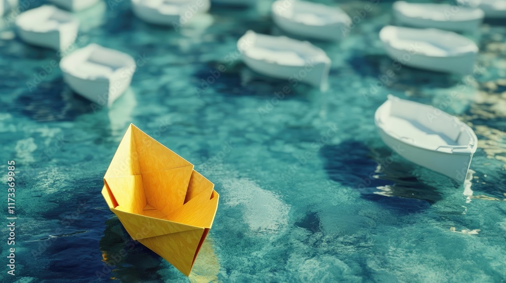 A yellow paper boat charting a unique path through white boats on a clear water surface, symbolizing leadership and the ability to stand out in a crowd A yellow paper boat charting a unique path through white boats on a clear water surface, symbolizing leadership and the ability to stand out in a crowd