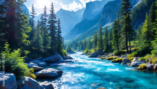 Serene Mountain River Landscape: A Breathtaking View of Nature's Majesty photo