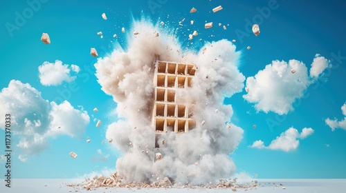 A demolition crew imploding a dilapidated building, with clouds of dust and debris billowing outwards as the structure collapses upon itself, signifying destruction, urban renewal, and the power of photo