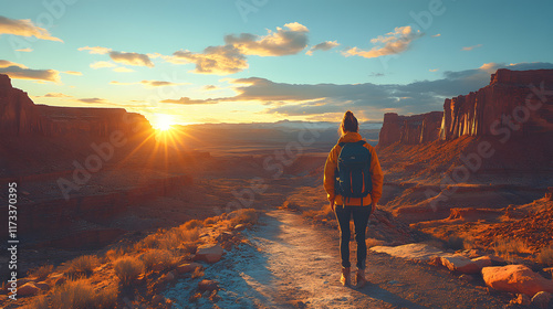 A powerful photography of a lone traveler standing at the edge of a canyon, staring out at an endless expanse of rugged, sunlit cliffs and shadows.