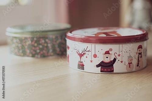 Close-up of two metal Christmas cookie tins on a  wooden table photo