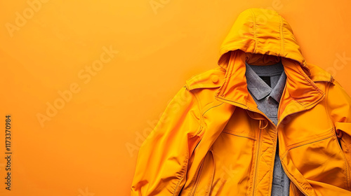 Bright and bold, this stylish orange jacket layered over a casual denim shirt pops against a matching background photo