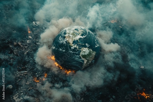 Planet Earth engulfed by smoke and flames amidst environmental destruction
