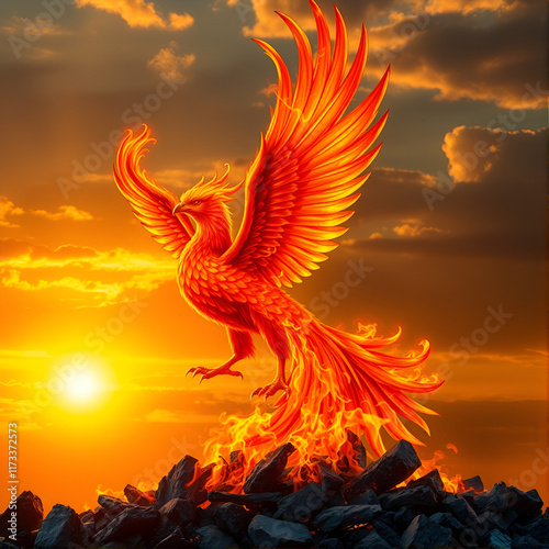 A fiery phoenix, wings ablaze, rises from ashes, symbolizing rebirth and immortality in a dramatic, golden sunset. photo