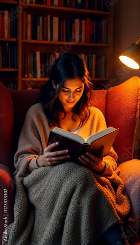 Cozy evening reading in armchair under warm lamp light