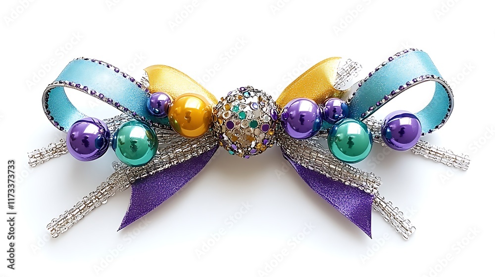 Fototapeta premium Festive Jewel Toned Bow Ornament with Beads Ribbons