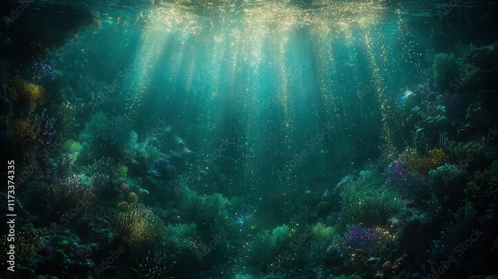 Obraz premium An underwater labyrinth glowing with radiant coral and shimmering kelp. Golden trails of bioluminescent light guide travelers through the maze, while glowing sea creatures move gracefully above. 