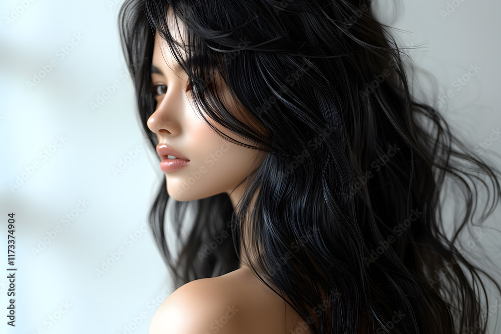 Naklejka premium Elegant Woman with Long Wavy Black Hair – Natural Beauty and Grace in Soft Light