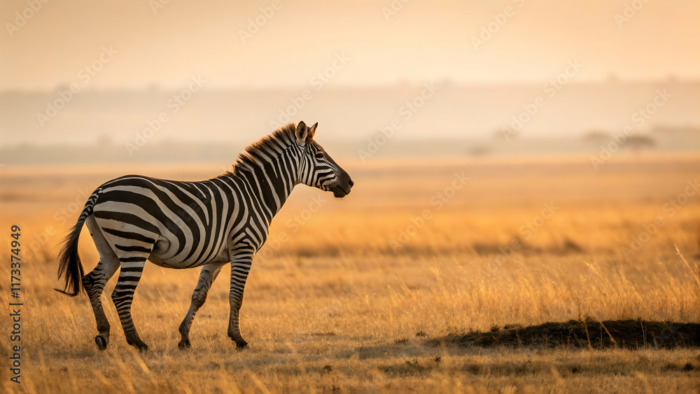 Naklejka premium Elegant Zebra Walking Through Golden Grassland at Sunset